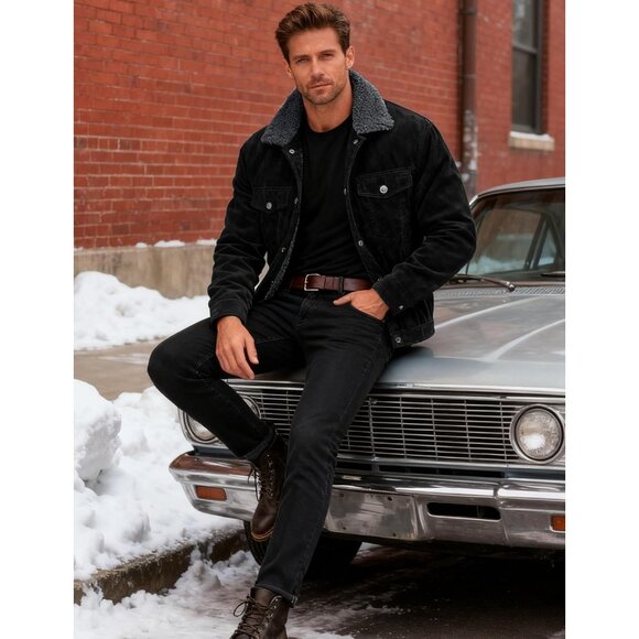 Mens Dark Grey Corduroy Jacket Sherpa Lined Warm Winter Trucker Cargo Coat - Picture 4 of 7